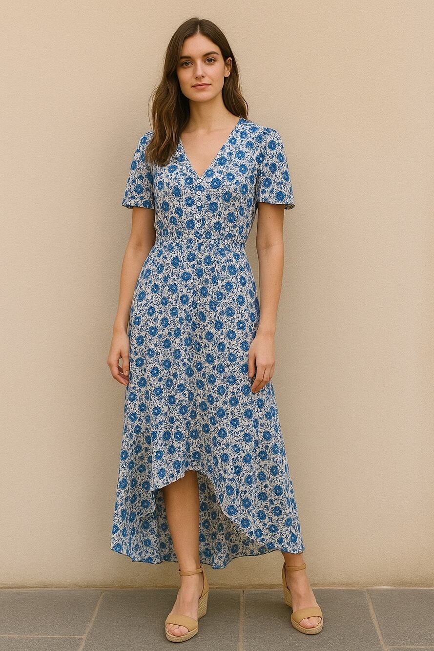 Abel The Label Blue White Floral Midi Dress L Wrap V Neck Cottagecore Boho